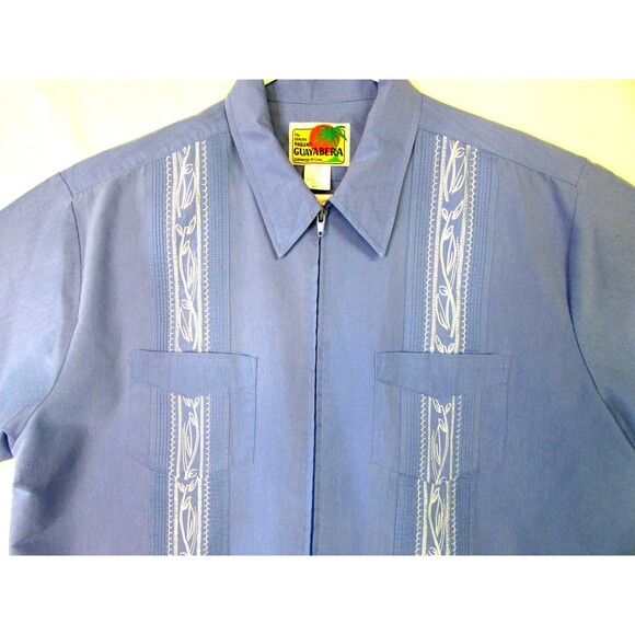 Haband Guayabera Shirt Mens XL Blue Zip Front Embroidered 4 Pocket Short Sleeve - Picture 2 of 10